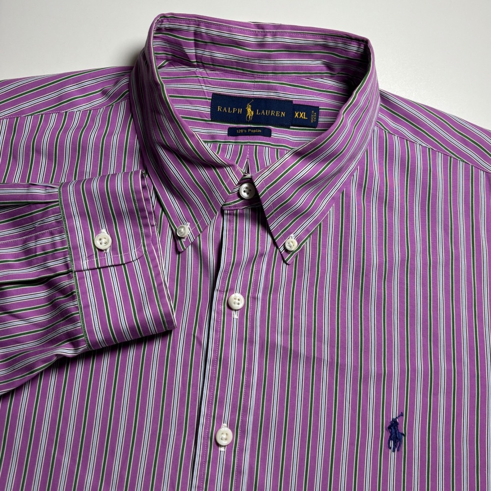 Ralph Lauren 120s Poplin Striped Purple Green Mens XXL Button Down Luxery Shirt